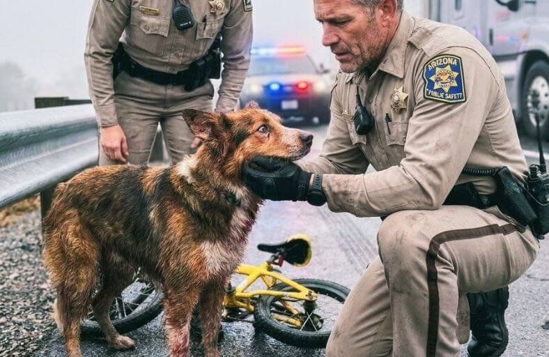 State Trooper Finds An Injured Senior Border Collie Standing Directly In Front Of A Speeding Semi-Truck On Highway 89 To Shield An Eight-Year-Old Cyclist The Border Collie Who Ran Into Traffic on Highway