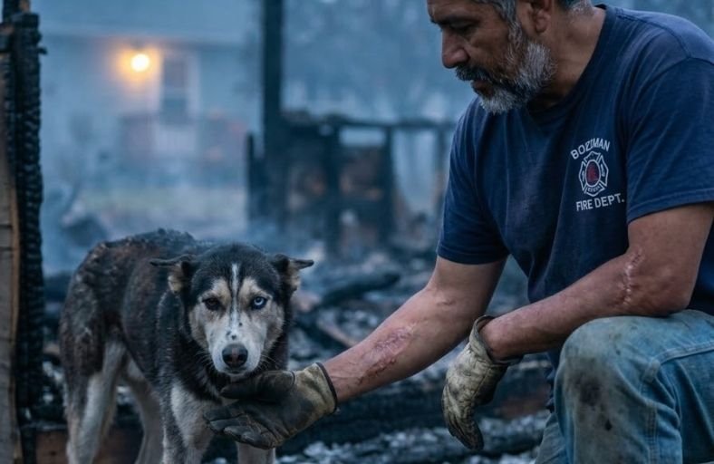 Firefighter Finds a Scarred Husky Guarding Burned Ruins Every Night Then He Finds Out Why She Won’t Leave Firefighter Finds a Scarred Husky Guarding Burned Ruins Every Night